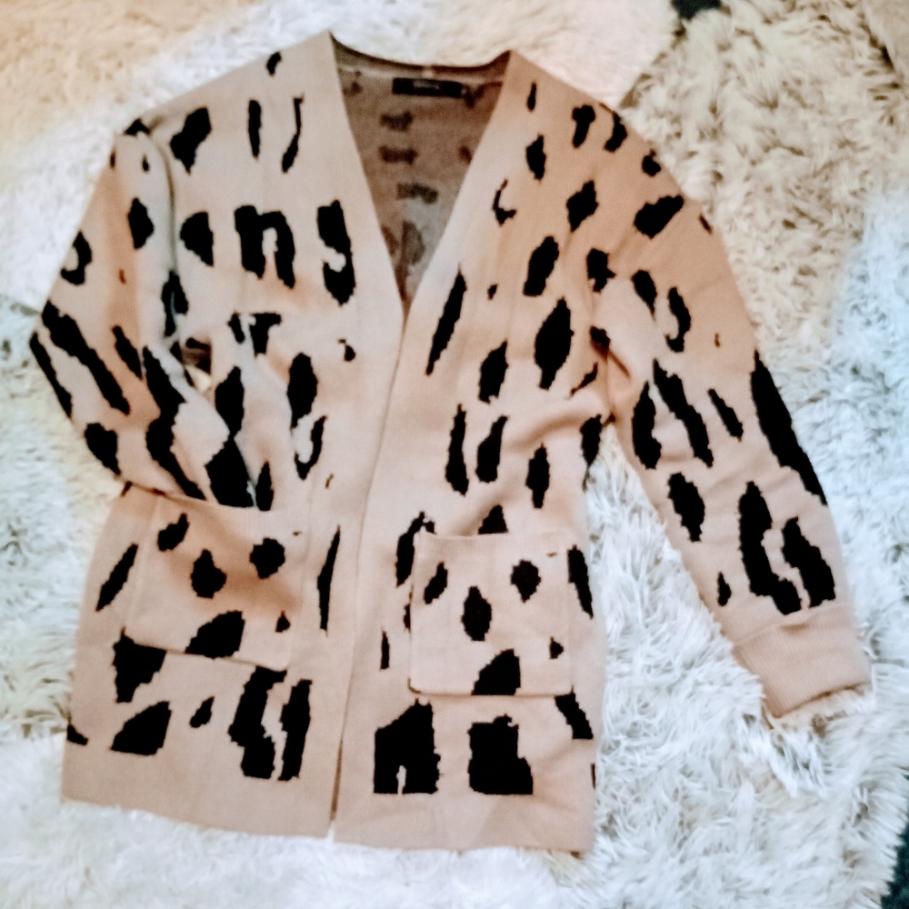 •Animal Print Tan & Blk Open Cardigan Sz M• - Picture 2 of 5